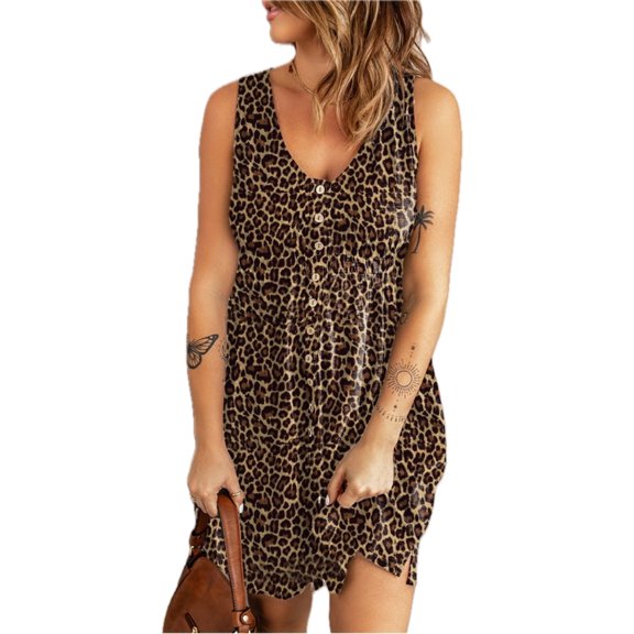 Women's Floral Leopard Print Sleeveless Buttoned Scoop Neck Mini Elegant Dress with Pockets 95% Polyester 5% Elastane