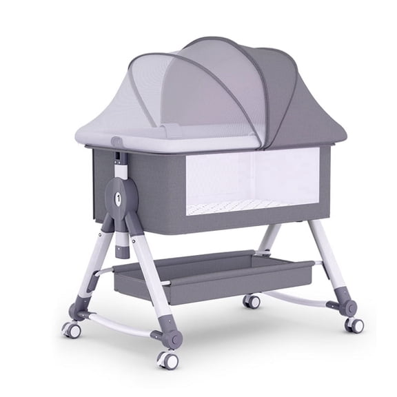 YUCHANG 3-in-1 Adjustable Baby Bassinet with Breathable Canopy, Bedside Crib & Portable Foldable Sleeper for Infants, 5-Position Height, Grey