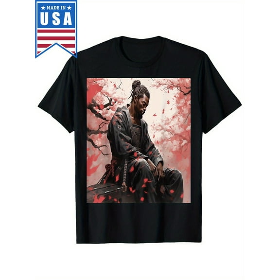 Vintage Samurai African Yasuke Meditation T-Shirt, 100% Cotton Crew Neck Short Sleeve Tee, Heat Transfer Printed Cherry Blossom Design, Regular Fit Knit Fabric Top for Men - Sports & Casual