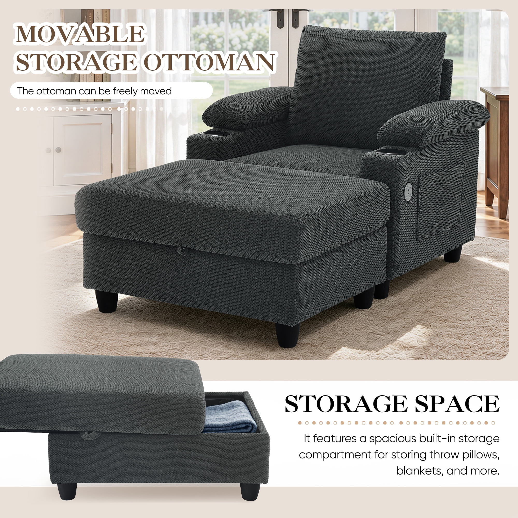 Lunale Accent Chair with Storage Ottoman & Adjustable Backrest, Chaise Lounge Chair Indoor with USB, Living Room Reading Armchair, Gray