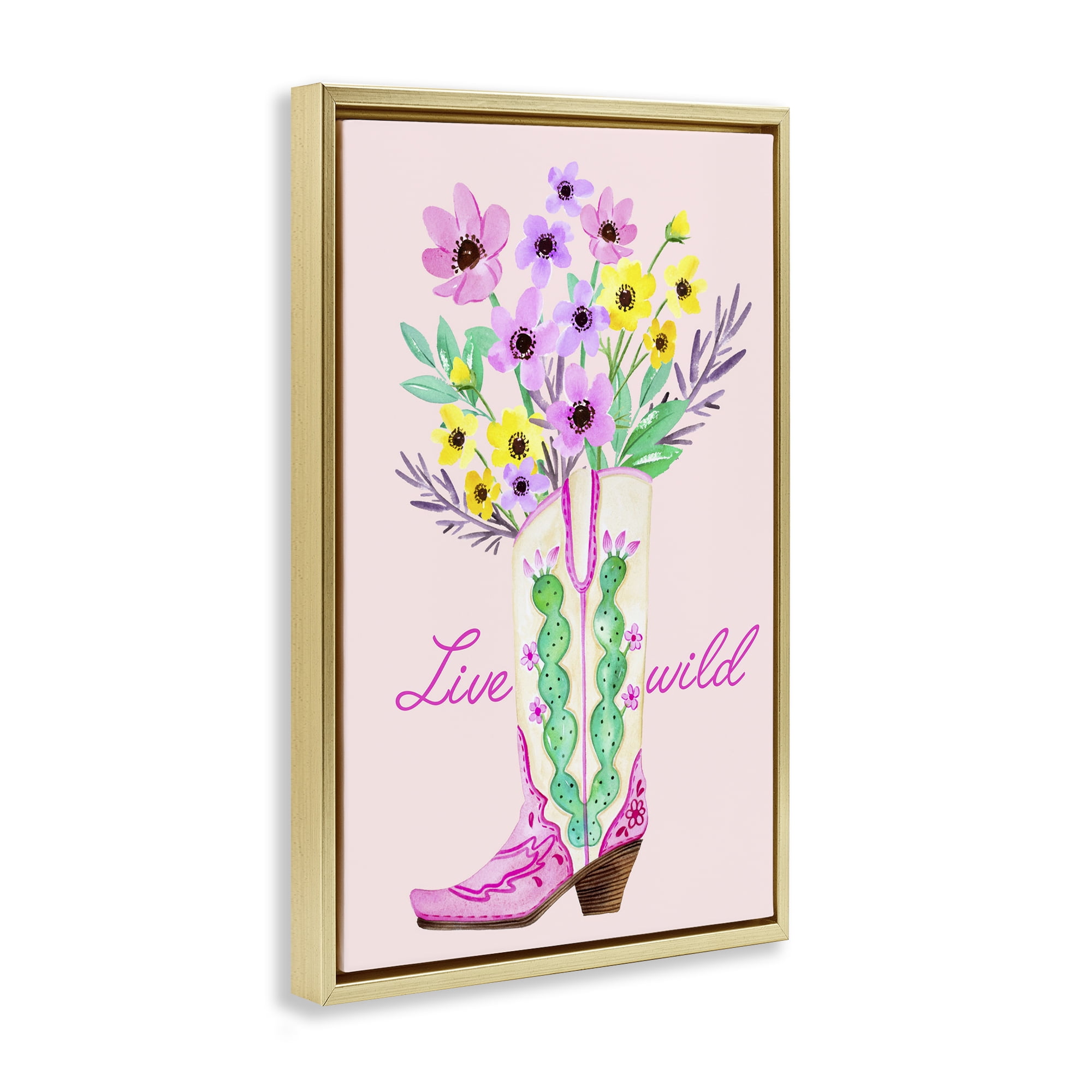 Stupell Industries Live Wild Cowgirl Boot Botanical & Floral Painting Gold Floater Framed Art Print Wall Art, 17 x 25