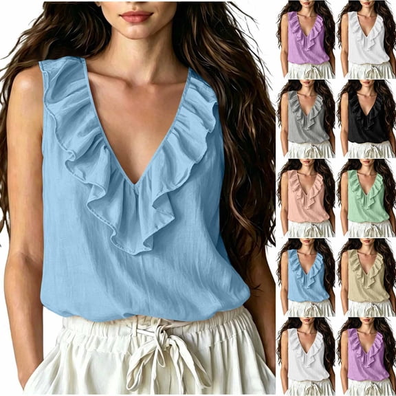 SwiftWear Women's Summer Ruffle V Neck Tank Top Cotton Linen Blend Cami Sleeveless Cute Top for Casual Everyday Wear