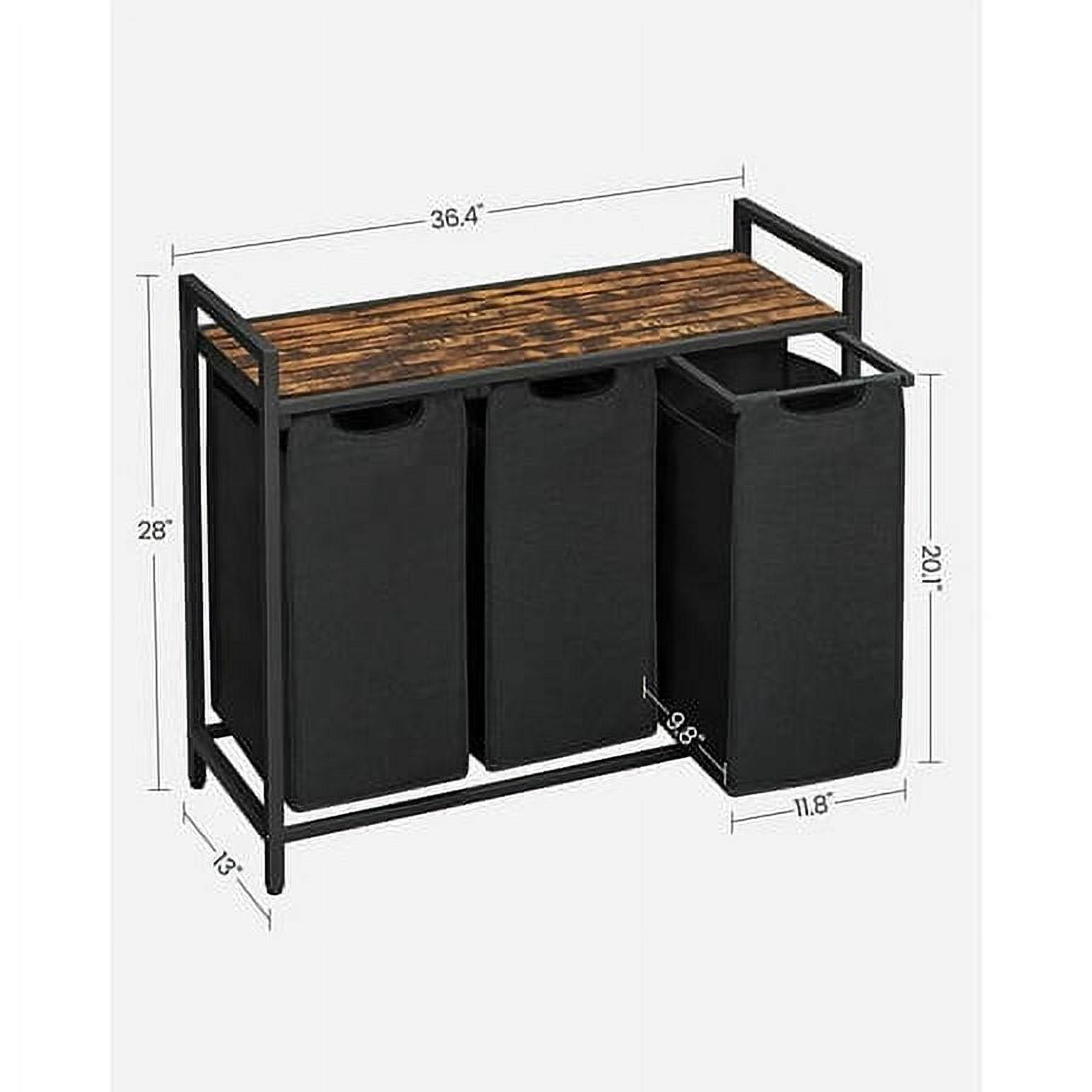3 Section Laundry Hamper with shelf Laundry Sorter with 3 Pull-Out and Removable Bags for Bathroom Laundry Room Rustic Brown and Black