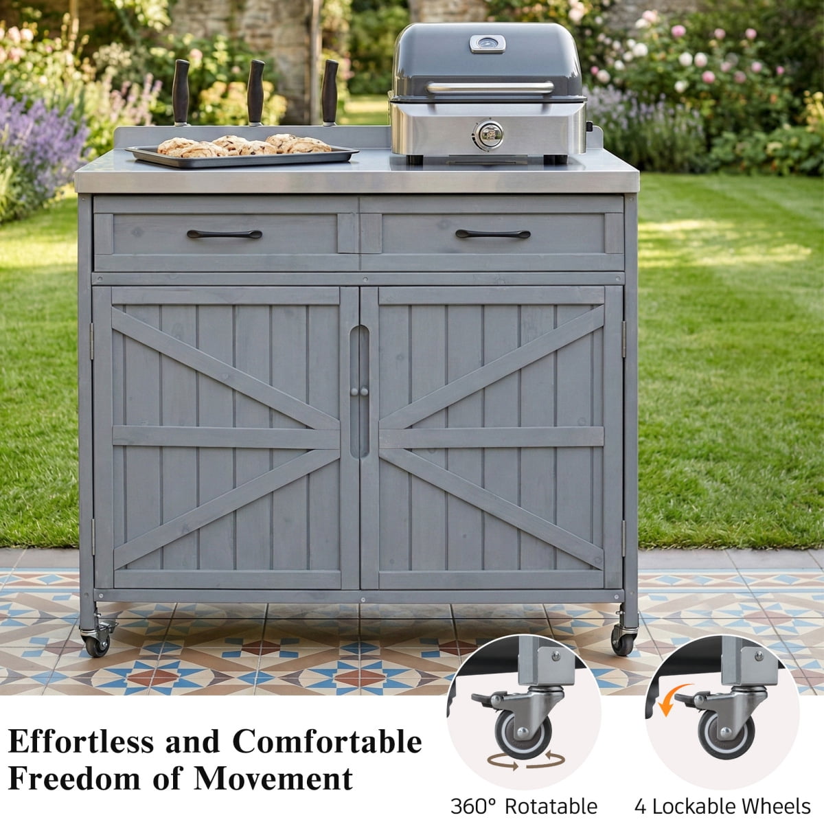 39.4" Outdoor Kitchen Island with Stainless Table Top, Outdoor Storage Kitchen Cabinet with One Large Drawer, Adjustable Shelves, Internal Storage Racks & 4 Wheels for Pizza Prep, Grey Blue