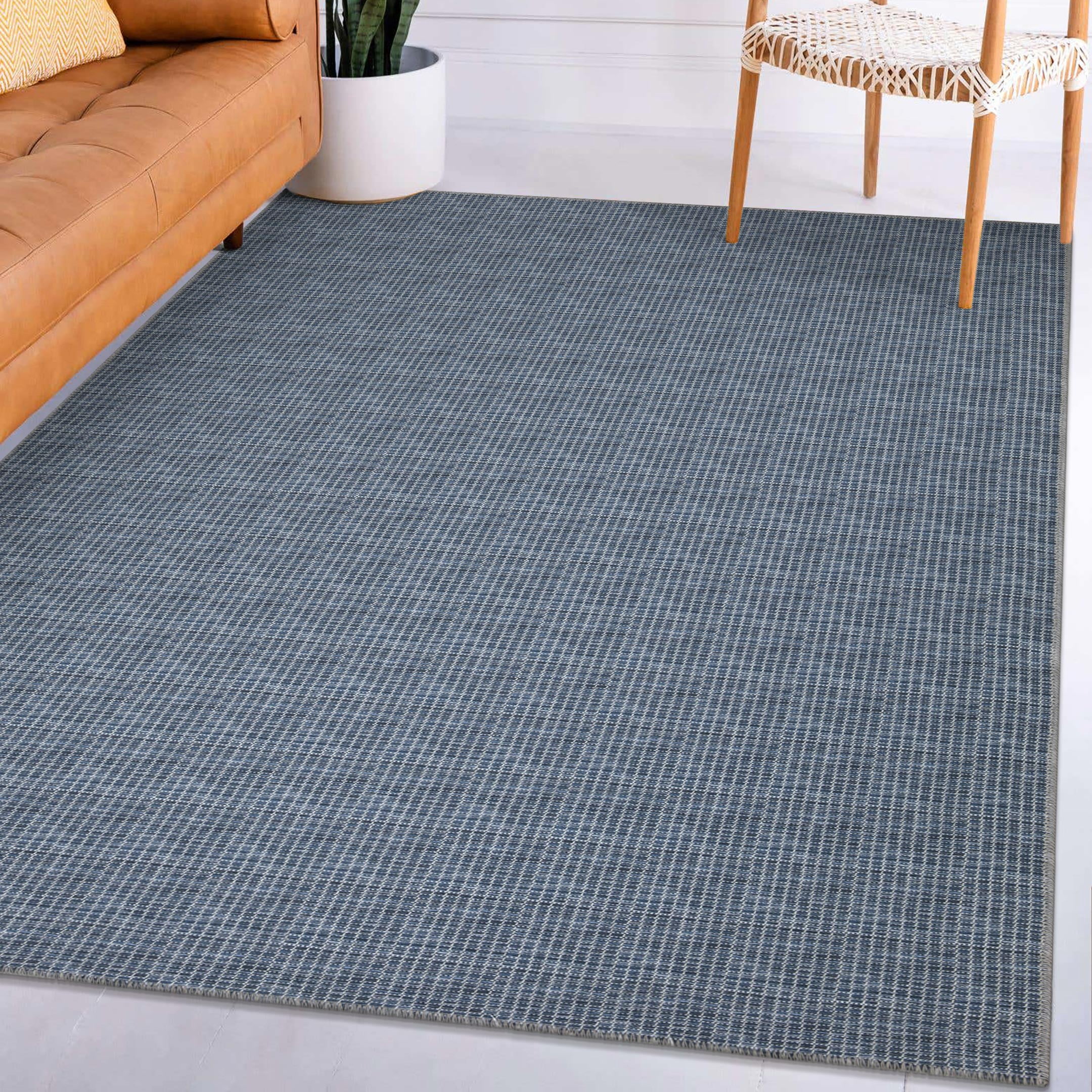 Ottomanson Machine Washable Cotton 5x7 Flatweave Area Rug for Living Room, 5' x 7', Navy Wicker Weave
