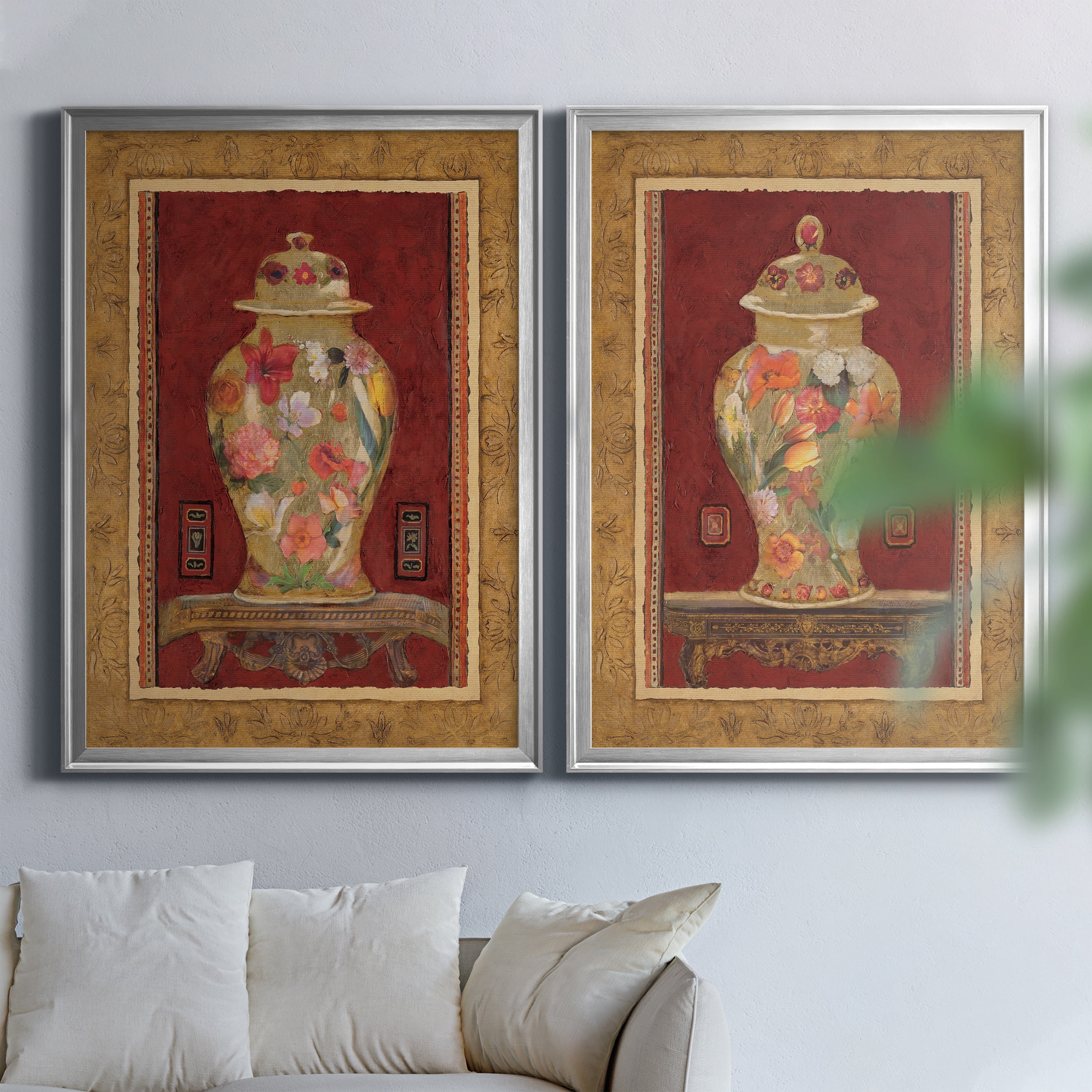 2 Piece Set Romantic Urn I Premium Framed Canvas - Ready to Hang - 26.5 x 36.5 Each - Silver Frame