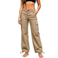 thumbnail image 2 of BRELIL Women's High Waisted Straight Leg Cargo Pants with Pockets Casual Loose Fit Solid Long Trousers Baggy Streetwear Y2K Pants, Khaki XS, 2 of 6