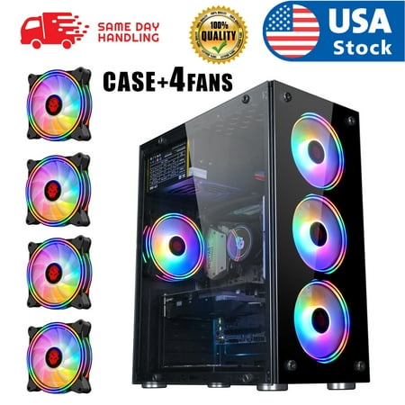 AOK PC ATX Mid-Tower Gaming PC Computer Case Tempered Glass+RGB LED 4Fans