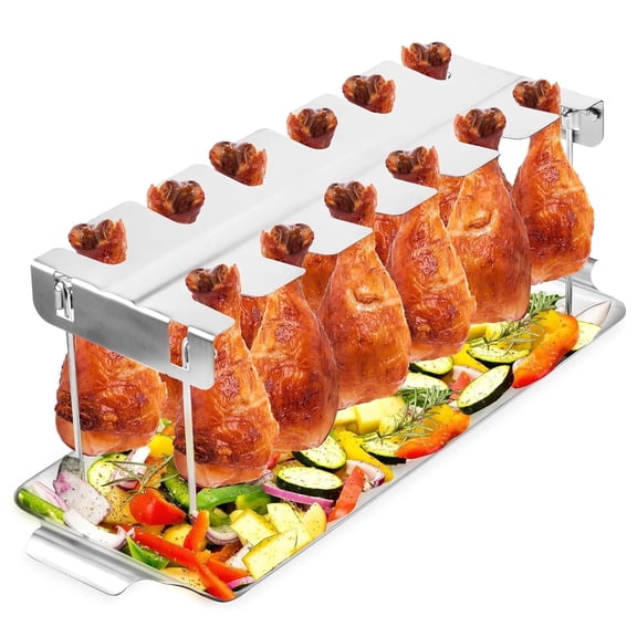 Funpisea 12-Slot Stainless Steel Chicken Leg Rack with Drip Tray for BBQ Grill