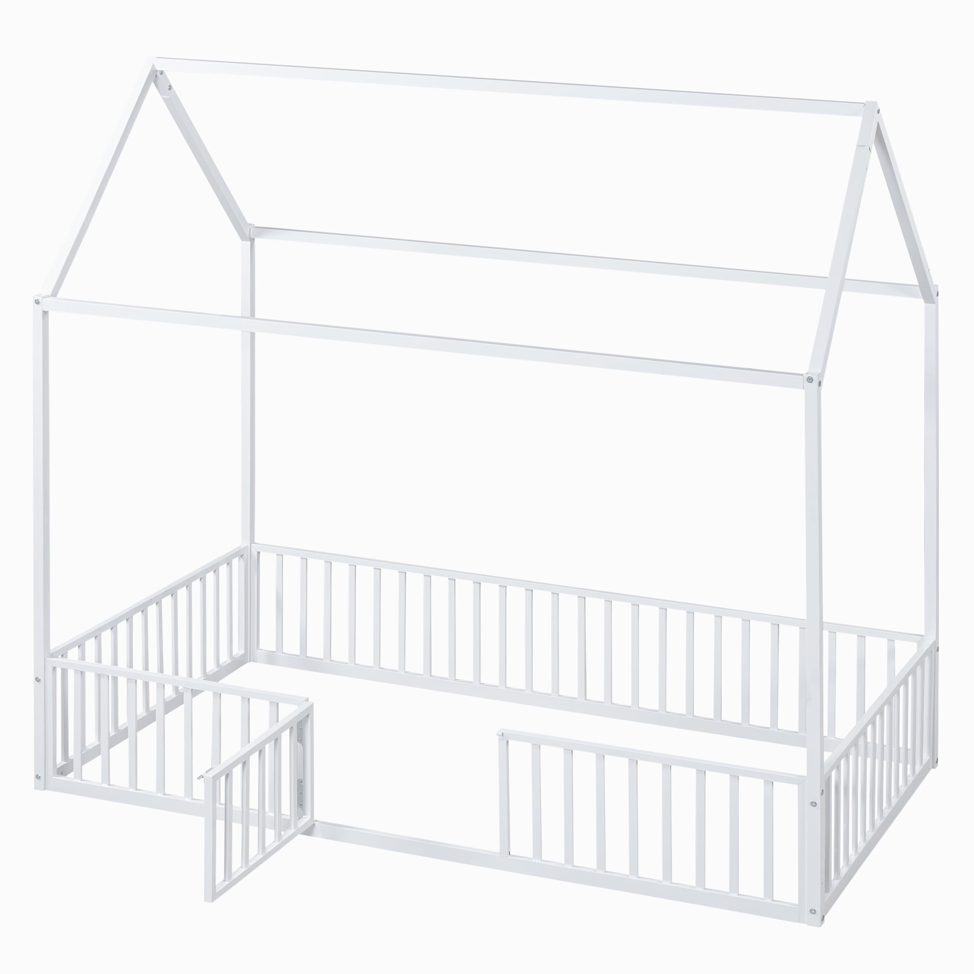 Euroco Metal Twin Size House Bed Frame, Low Profile Canopy Bed with Fence and Door, White