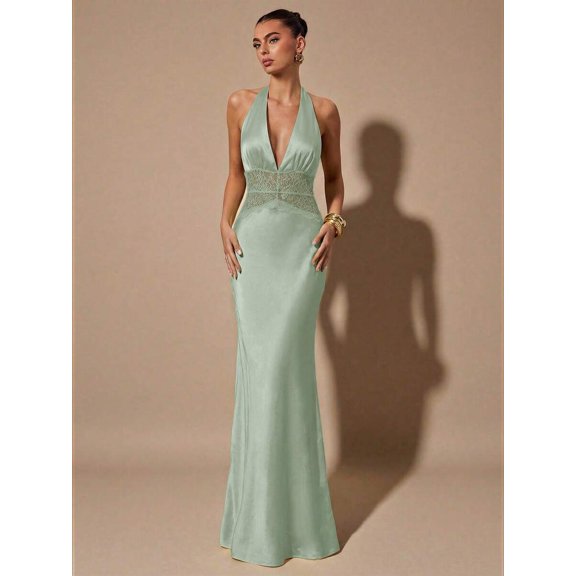 Mint Green Satin Halter Deep V-Neck Lace Waist Mermaid Evening Gown For Women