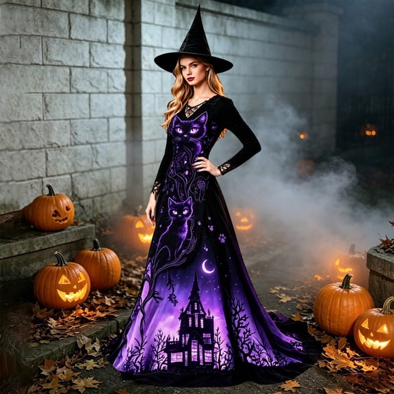 Huowey Halloween Witch Women Castle Graphic Gothic Dresses Cosplay Party Gown Slim Fit Long Sleeve Crew Neck Trendy Trick Or Treat Dress,Purple,XL