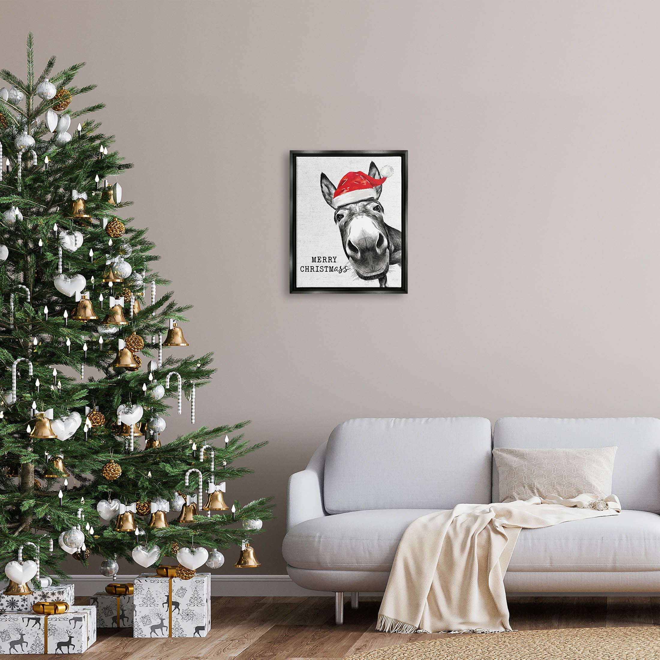 Stupell Industries Merry Christmass Funny Donkey Graphic Art Jet Black Floating Framed Canvas Print Wall Art, Design by Lettered and Lined