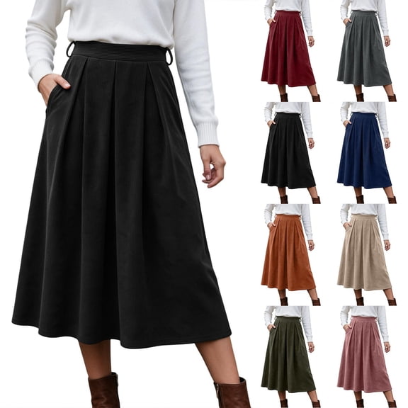 Ihhxva Women's Corduroy Midi Skirt, High Waist Pleated A-Line Skirt with Elastic Waist and Side Pockets for Casual Wear S - 3XL