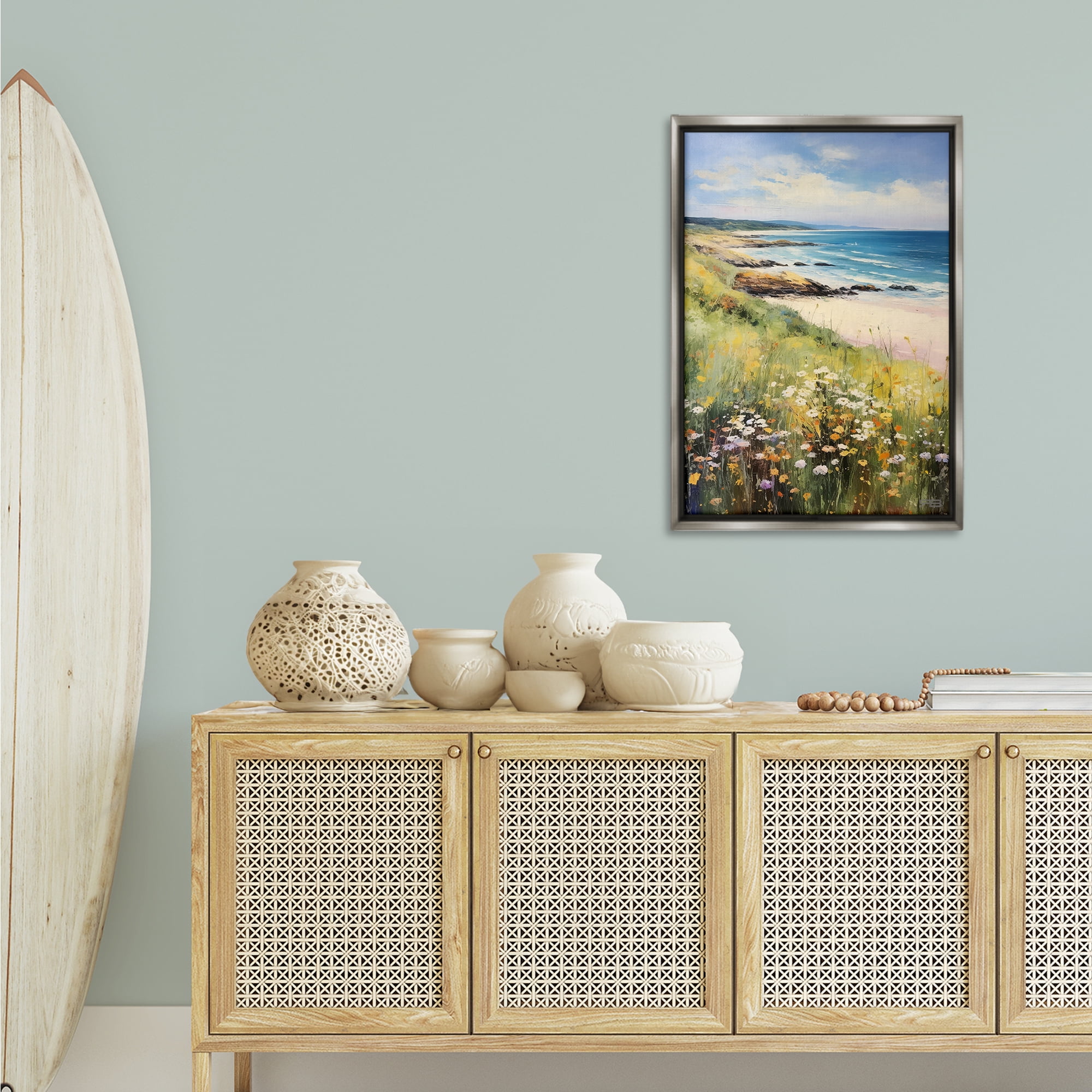 Stupell Industries Meadow Beside Beach Landscape Painting Gray Floater Framed Canvas Art Print Wall Art, 21 x 31