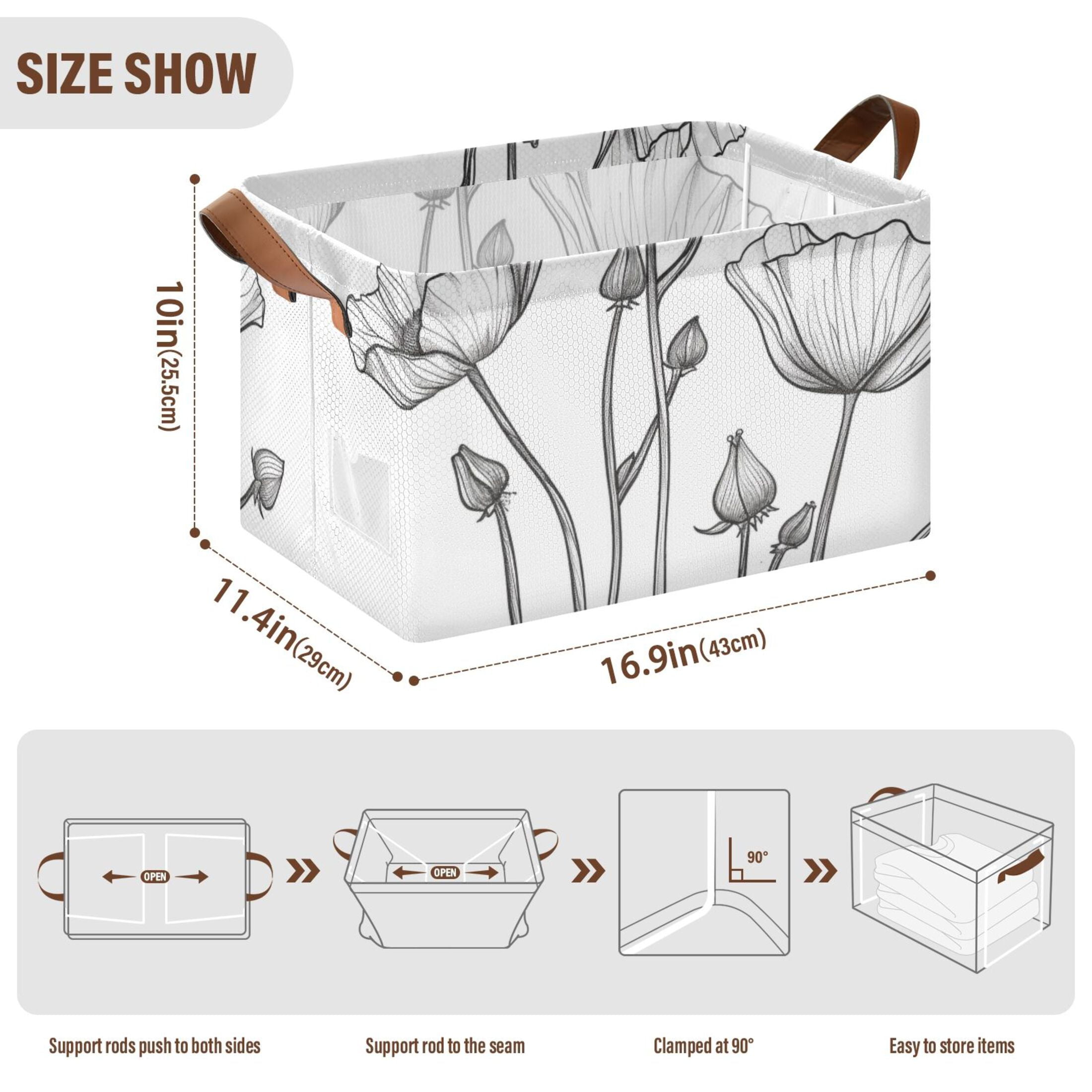 Black Line Flowers Foldable Storage Large Fabric Storage Baskets Organizer Storage Bins with Handles for Shelves