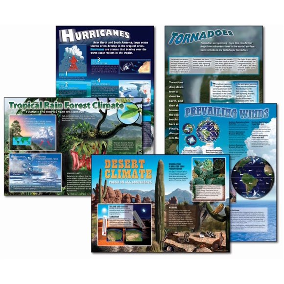 Mark Twain 5 pc Bundle Extreme Climates and Weather Bulletin Board Set, Educational Posters Covering Hurricanes, Tornadoes, Rain Forest, Desert, and More, Science Homeschool and Classroom Decor
