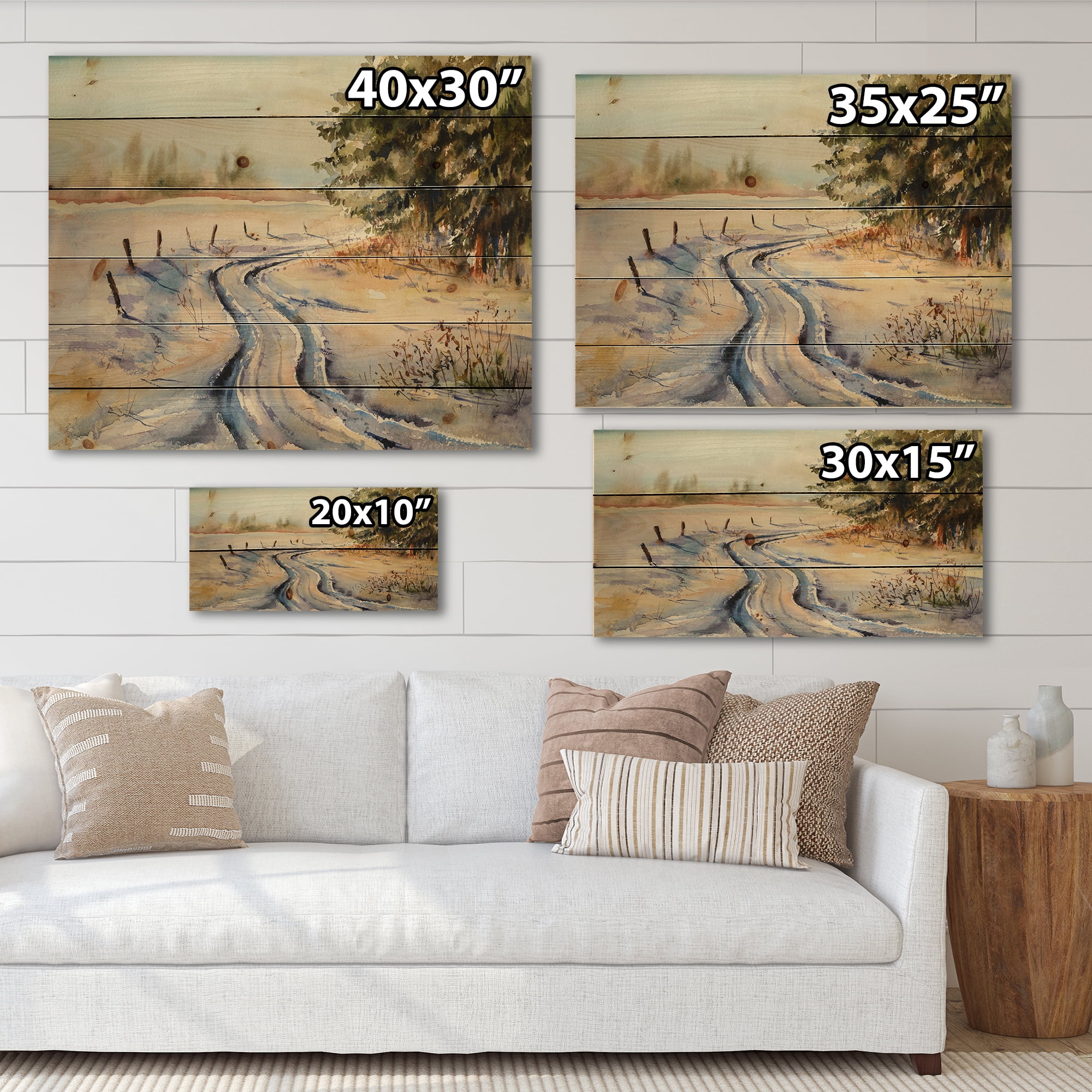 Designart 'Snowy Winter Forest Landscape Rural Road In Snow' Traditional Print on Natural Pine Wood