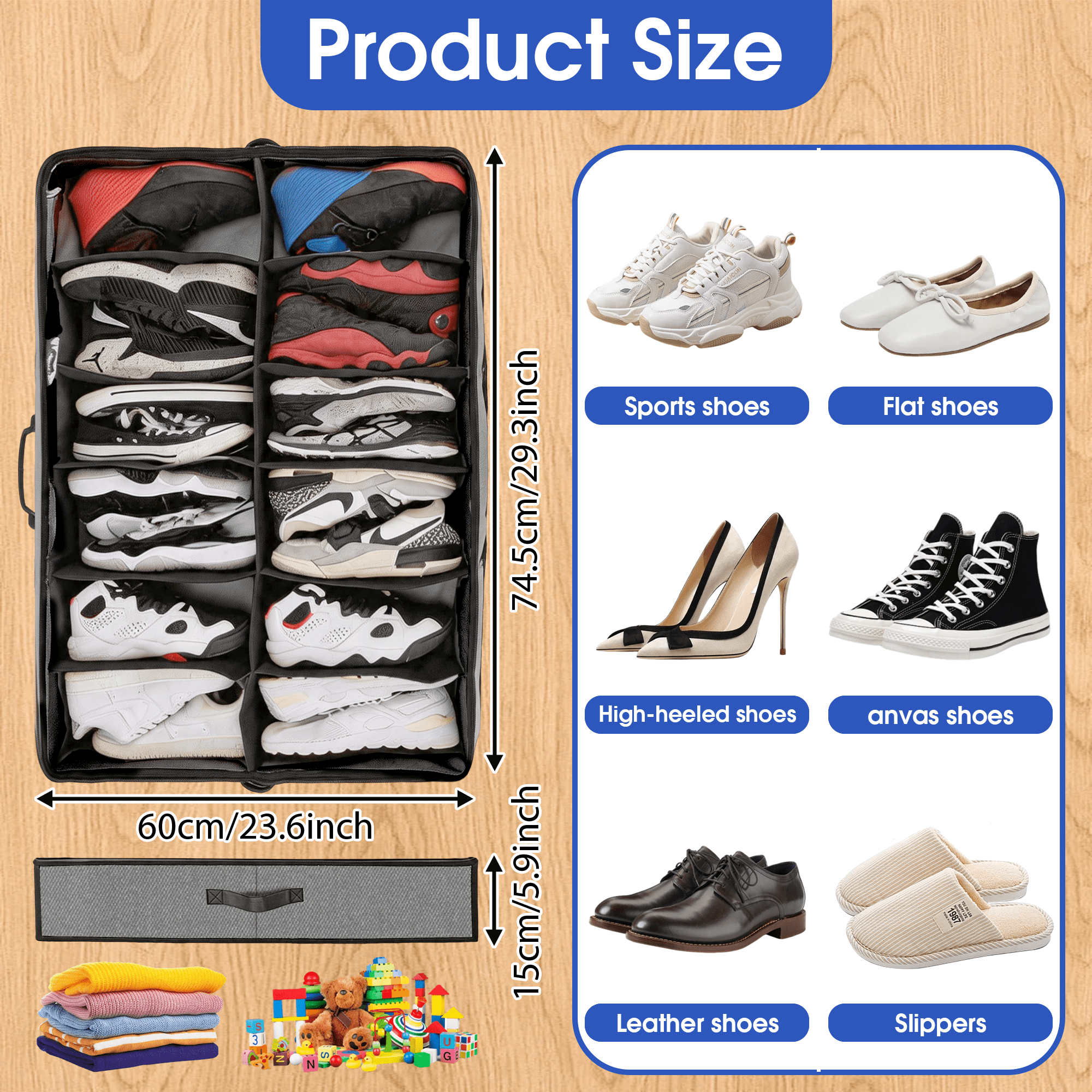 2 Pack Under Bed Shoe Storage Organizer, Fits 24 Pairs Shoe Organizer Underbed Storage for Closet, Foldable Shoe Storage Box with Clear Lid, Foldable Shoe Storage Box with Clear Lid