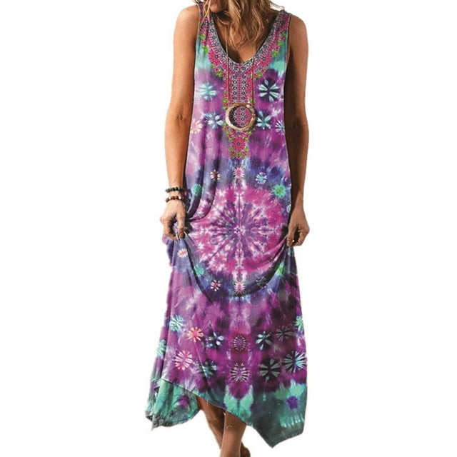 Innerwin Robe Longue à Col en V pour Femme, Robe d'Été de Plage, Boîte de Nuit, Teinture sur Nœuds, Bohème, Maxi, Violet, M