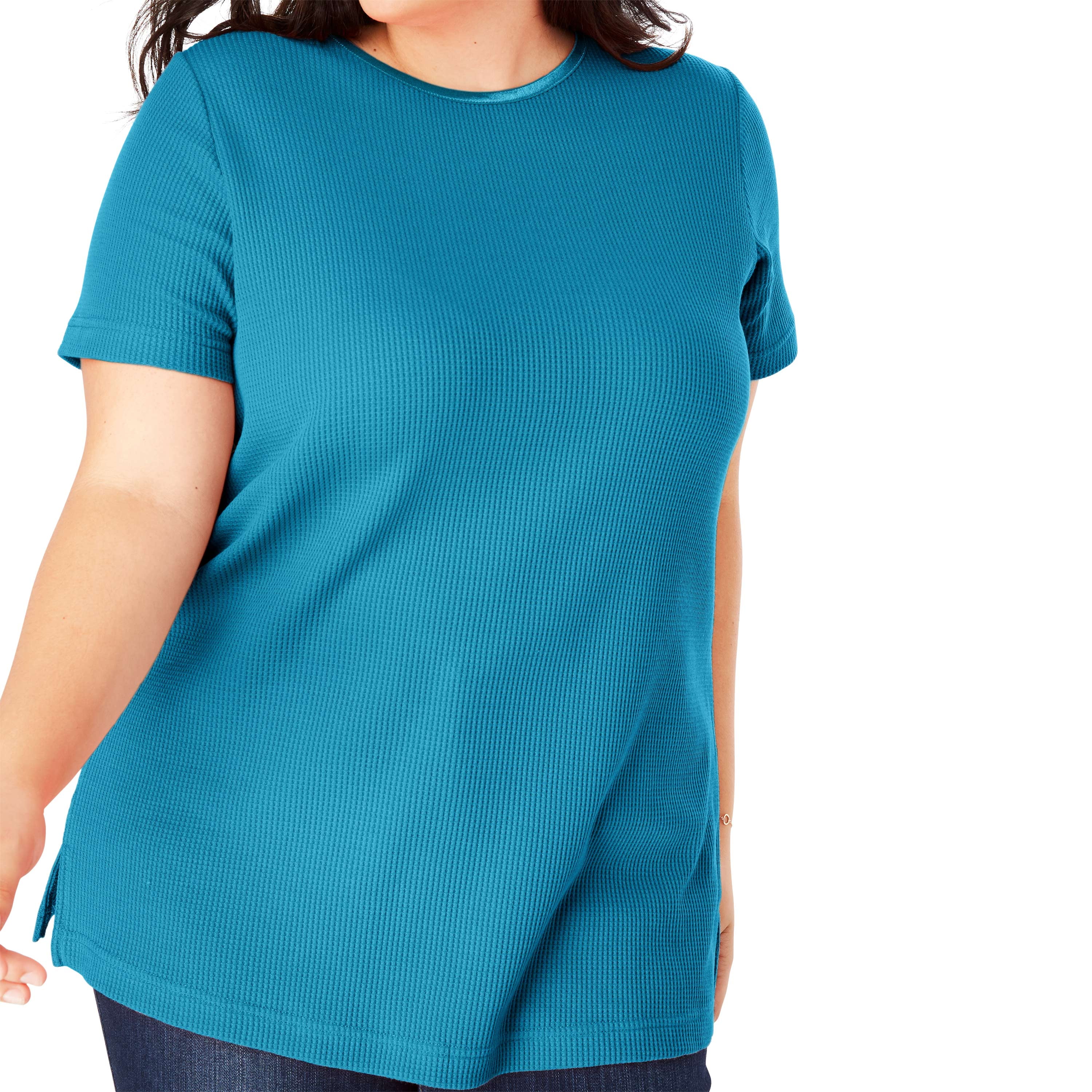 Woman Within Womens Plus Size Satin-Trimmed Crewneck Thermal Tee