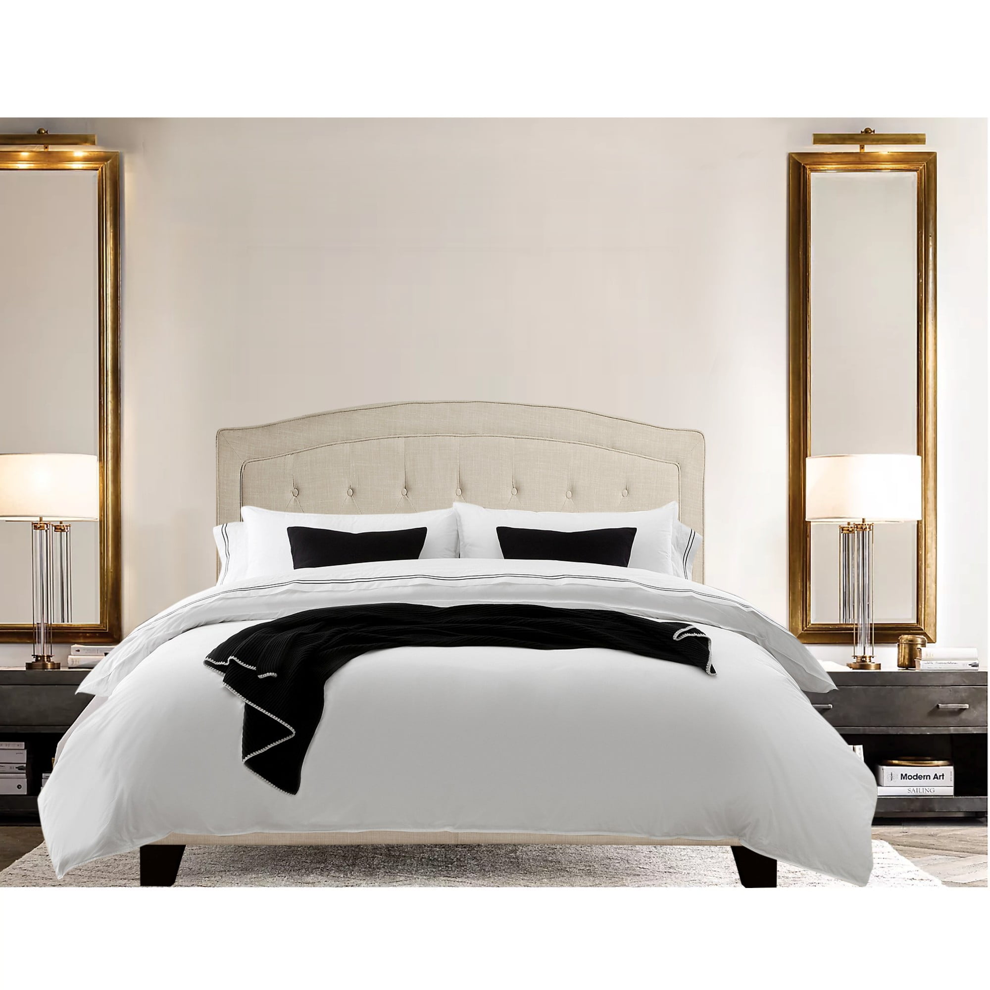 Gewnee King Size Beige Linen Upholstered Bed Frame, Solid Wood Slat Support & Sturdy Structure, Ideal for Bedroom, Box Spring Required