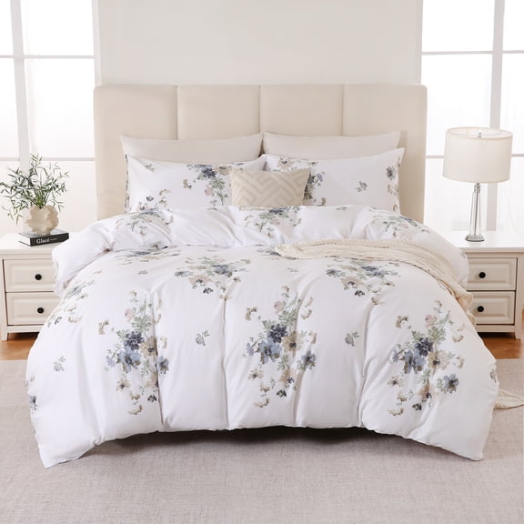 Floral Comforter 100% Cotton Comforter with Blush Blue Floral 3 Pieces Vintage Botanical Bedding Sets Soft and Lightweight Comforter Set for All Seasons