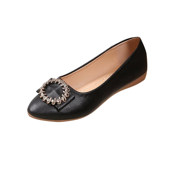Womens Ballet Flats Pointed Toe with Sparkle Buckle | Slip On Comfortable Non-Slip Office & Dress Flat Shoes | Black,Size 6.5