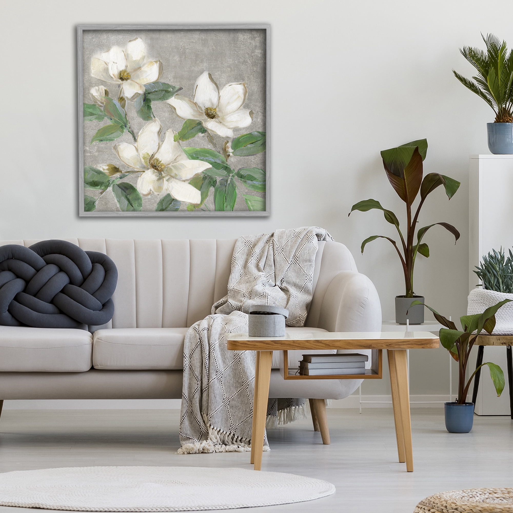 Stupell Industries Ivory Magnolias on Grey Gray Framed Giclee Art, design by Sally Swatland