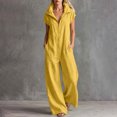 thumbnail image 2 of Women's Lightweight Stand Collar Zip Up Jumpsuits Short Sleeve Baggy Wide Leg Palazzo Rompers with Pockets Daily Casual Overalls Yellow, 2 of 6