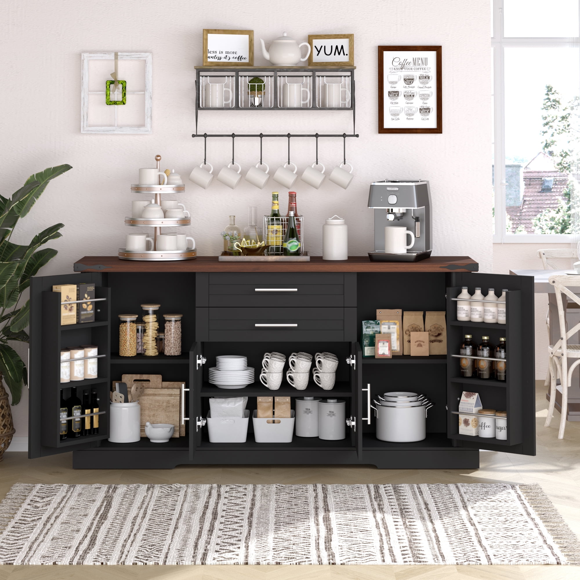 Mintazer 63" Farmhouse Sideboard Buffet Cabinet with 2 Drawers & Door Rack, Modern Storage Cabinet with Adjustable Shelves for Entryway Kitchen Living Room Dining Room, Black