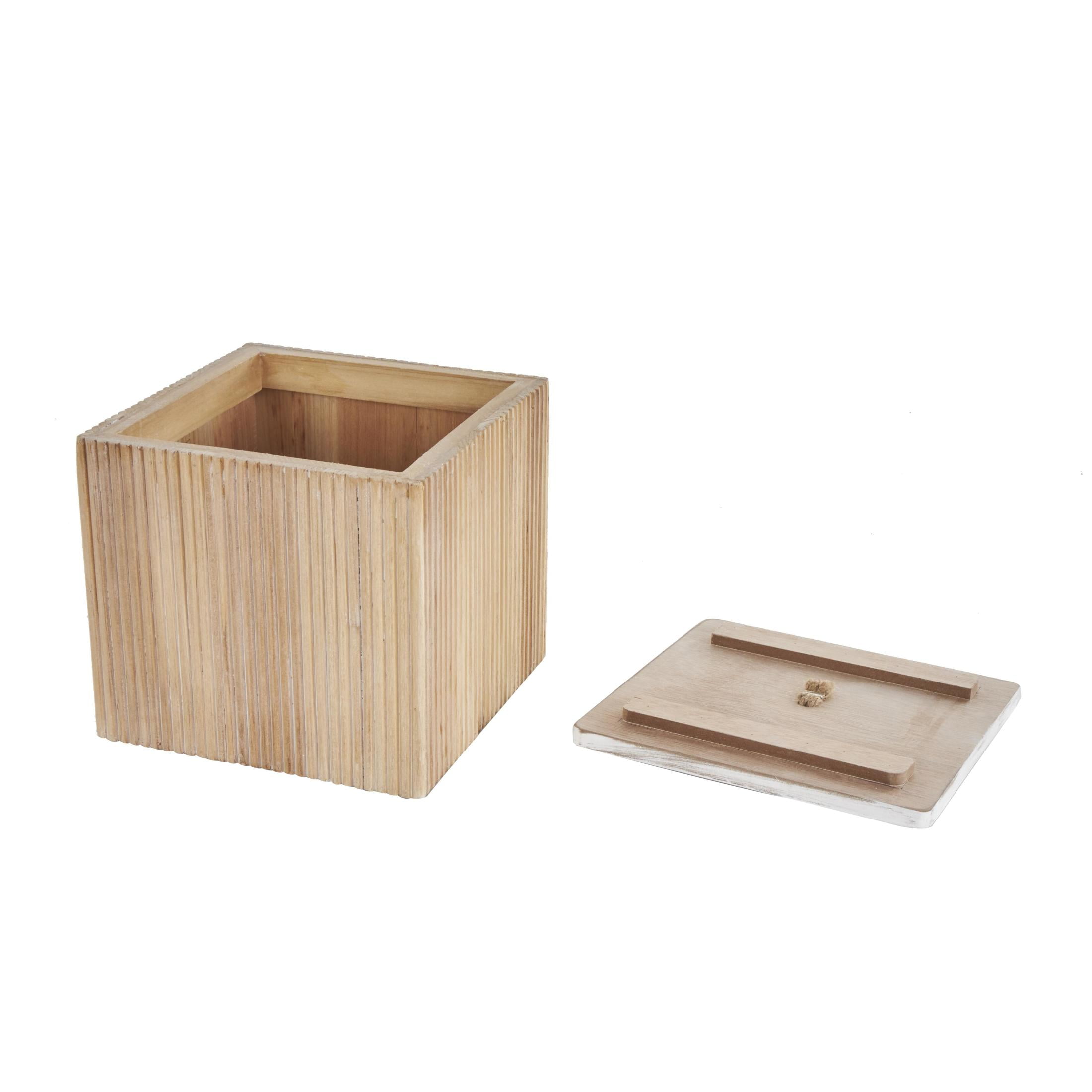 DecMode Washed Ribbed Storage Brown Wooden Decorative Box with White Lids and Rope Handles, 2 Count