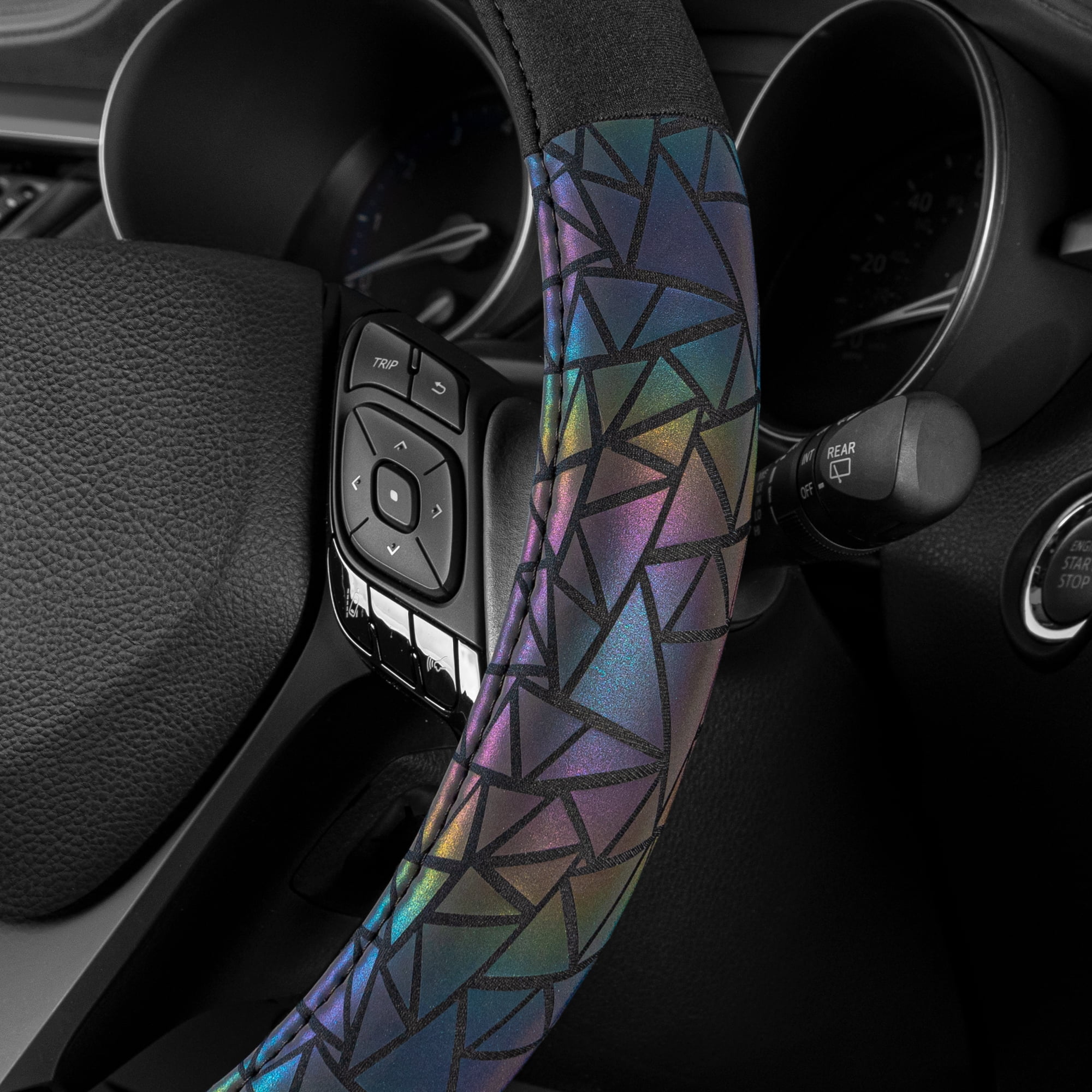 BDK Geometric Prism Sparkle Glitter Steering Wheel Cover - Car Steering Wheel Cover for Women with Shiny Holo Bling Accents, Universal Fit for Car Truck Van SUV Wheel Sizes 14.5 to 15.5 Inches