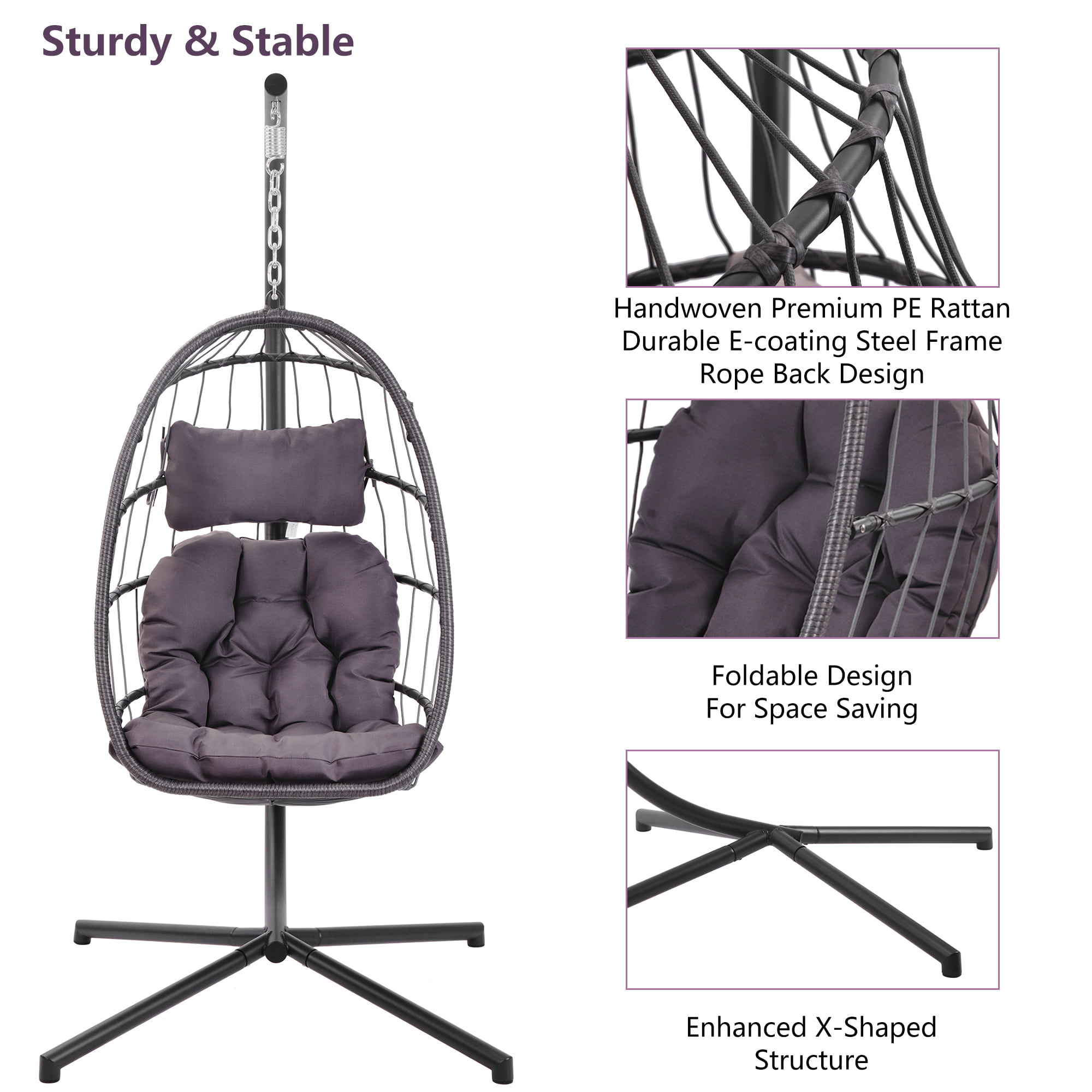 Hanging Egg Chair with C-type Stand Set, Max 350 lbs, SYNGAR Patio Wicker Swing Chair, Lounge Basket with Cushion, Heavy Duty Hammock Chair Indoor Outdoor Porch Balcony, D5996 - Walmart.com