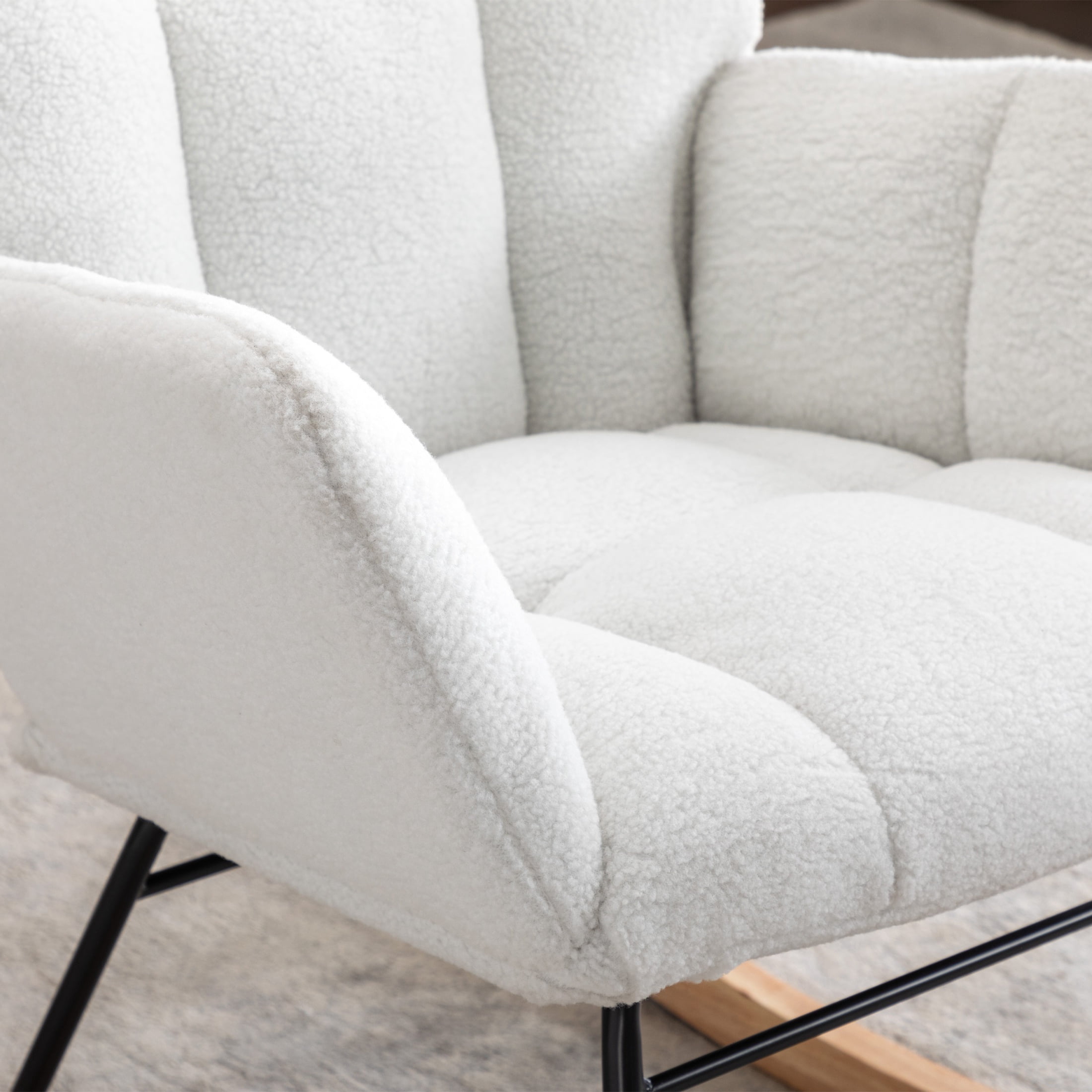 PORKISS Modern Rocking Chair, Upholstered Teddy Fabric Accent Chairs with High Backrest, Glider Rocker Comfortable Armchair with Padded Seat for Living Room Bedroom Playroom, Ivory