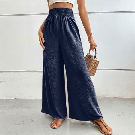 Bbyeadc Pants for Women Elastic Waist Wide Leg Bottoms Comfort High Waist Trousers Cute Walking Pants with Pockets Navy(M)