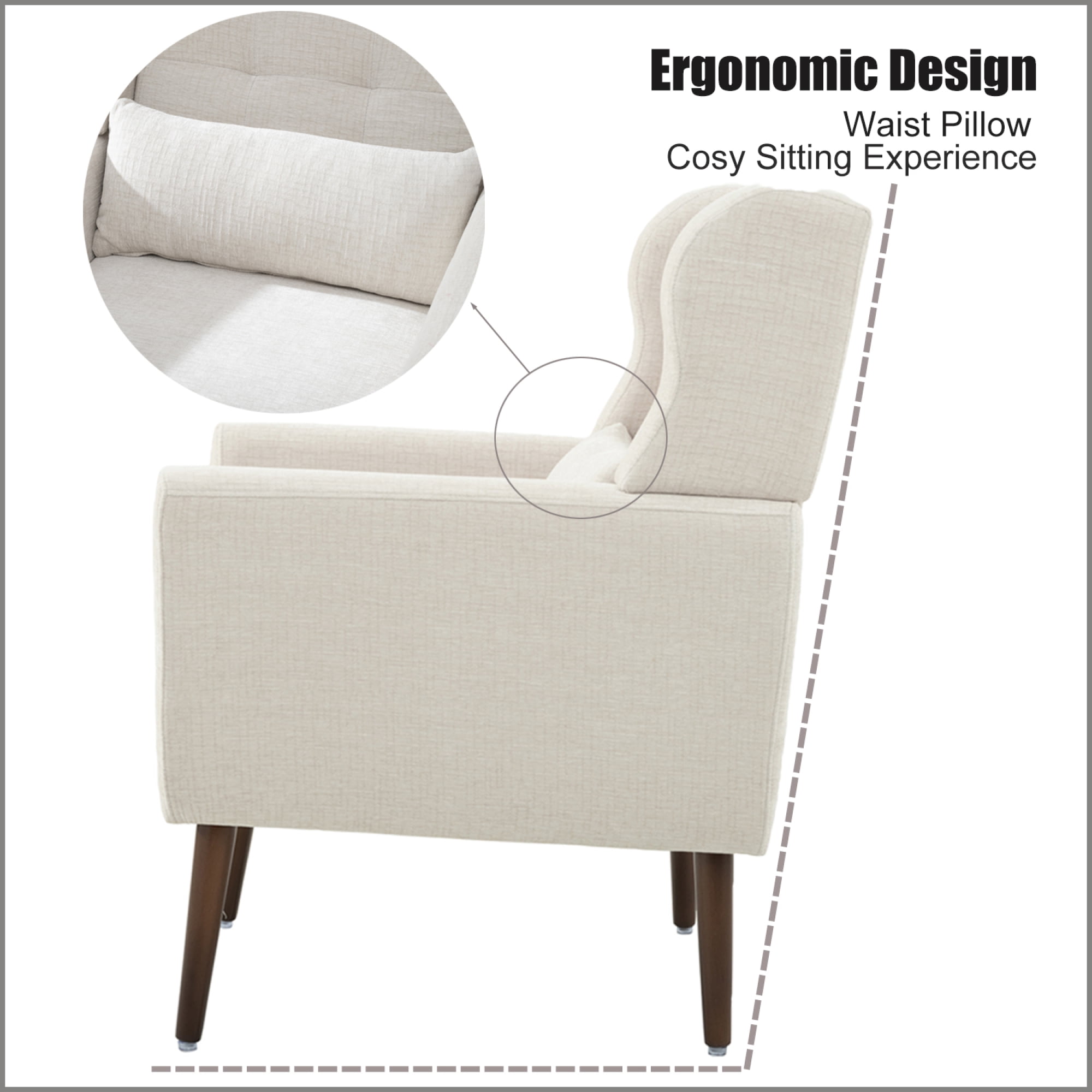 Leumius Modern Accent Chair with Solid Wood Leg, Chenille Armchair with Pillow, Comfy Soft Padded Lounge Chair for Small Space, Bedroom, Living Room Beige