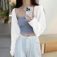 thumbnail image 2 of LEKODE Loose Fit Plain Knit Shrug for Women Long Sleeve Open Front Cropped Everyday Summer Casual Tank Dress Layering Outer Tops White A, 2 of 4