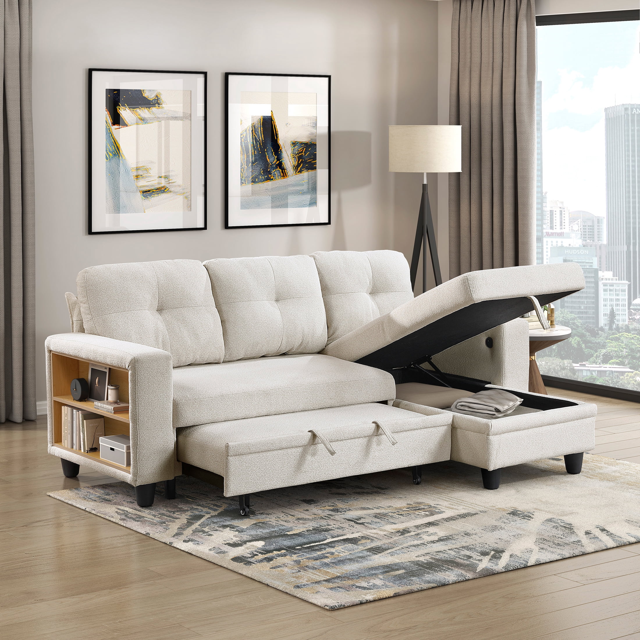 OakvillePark Vessarion Boucle Sectional with Reversible Chaise, Pull-out Bed, Shelves and Charging Ports, Beige