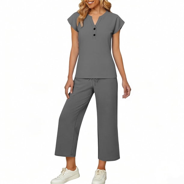 Top y falda Conjunto de las mujeres de la moda de color sólido suelto de manga corta con cuello en V con pantalones cortados de pierna ancha Set de bolsillo Pantalones y Top Set para las mujeres