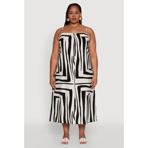 Womens Plus Size Zebra Print Square Neck Cami Dress with Cargo Pockets