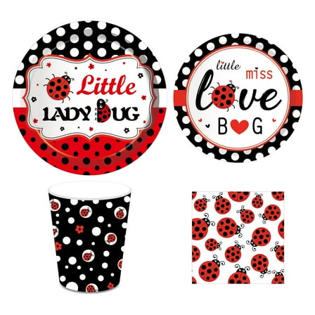 CC HOME Ladybug Party Supplies Ladybug Fancy Birthday Party Supplies Disposable Tableware Kit Fancy Red and Black Polka Dot Ladybug Plates Cups Napkins Sets Serves 16 Guests