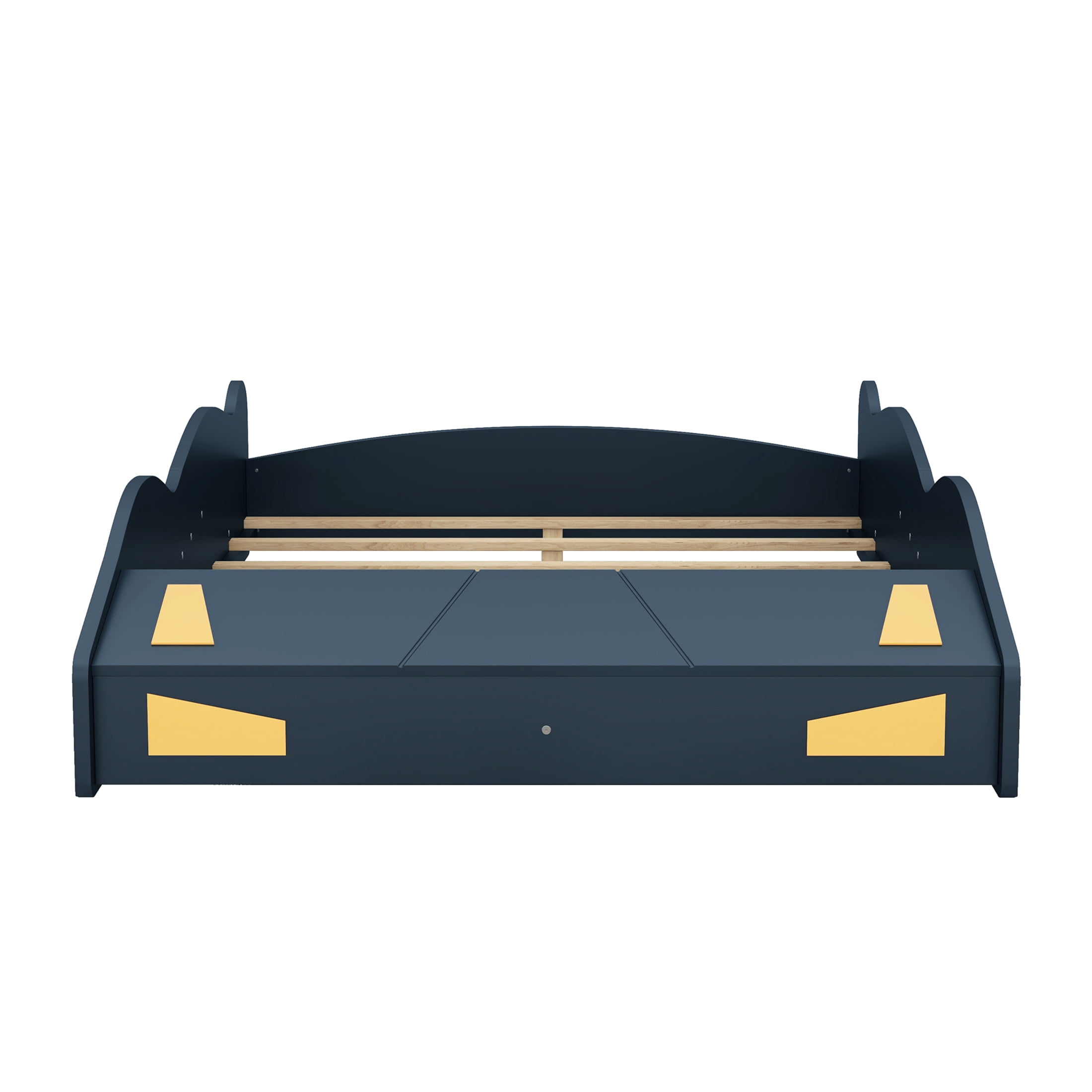Noble House Full Size Race Car-Shaped Platform Bed with Front Storage, Pine Wood Frame, Dark Blue & Yellow