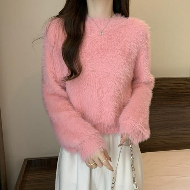 Suéter de cuello redondo de imitación de visón de color sólido, suave y dulce, nuevo estilo coreano de otoño e invierno, suéter de punto para mujer