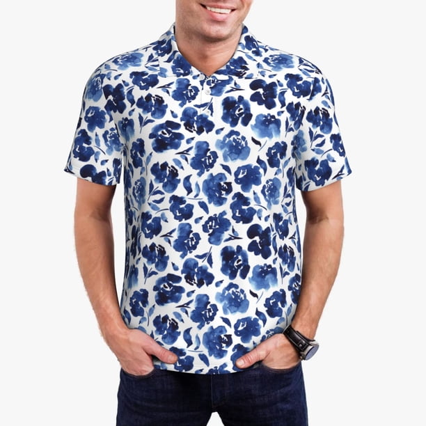 Balery Blue Ink Flowers Camisa Polo de Hombre con Estampado, de Manga Corta y Tejido Medio, Camisa Tipo Golf Polo-Medium