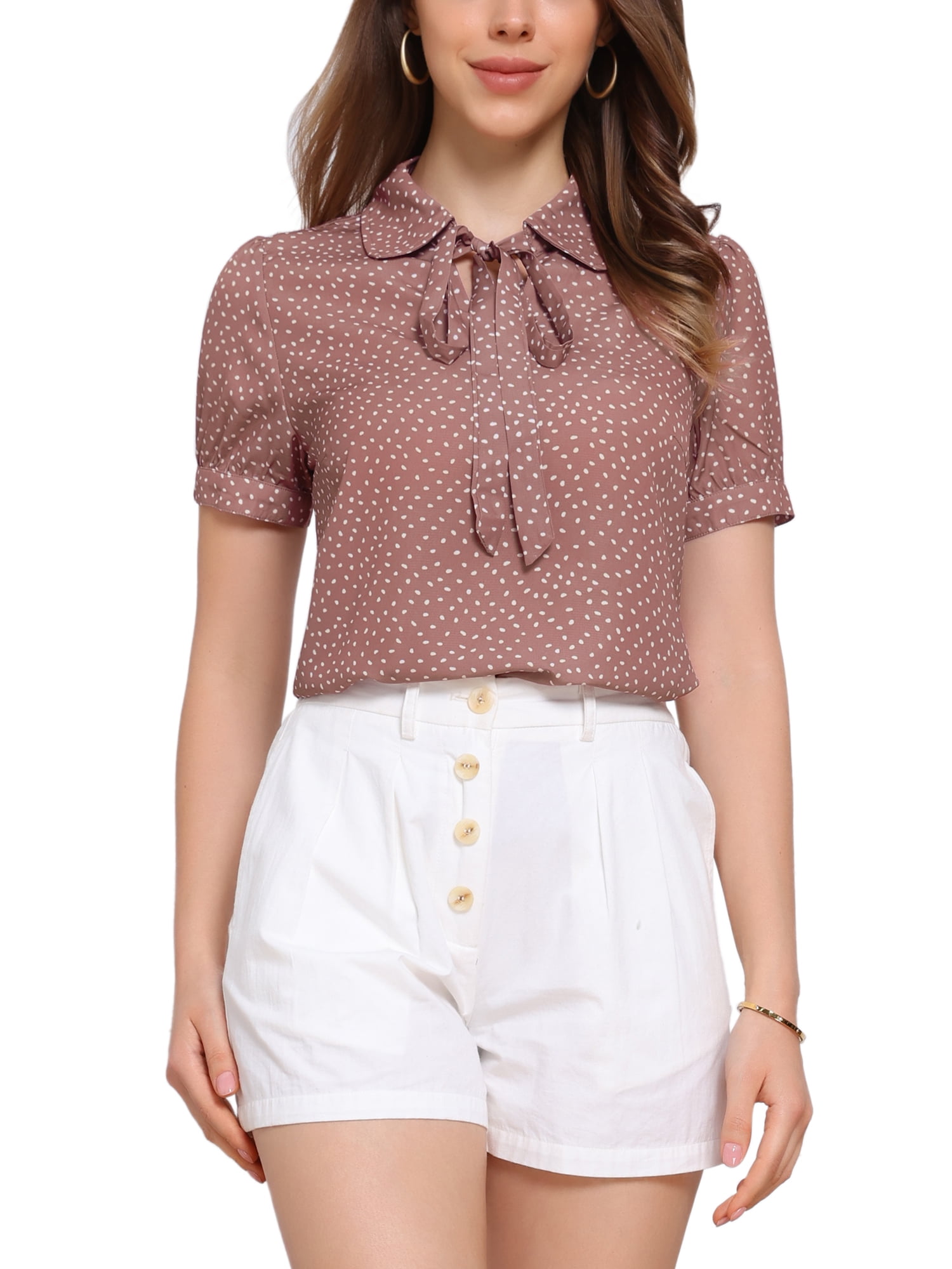 DARING DIVA Women's Polka Dots Tie Bow Chiffon Blouse M Dark Pink-Dots
