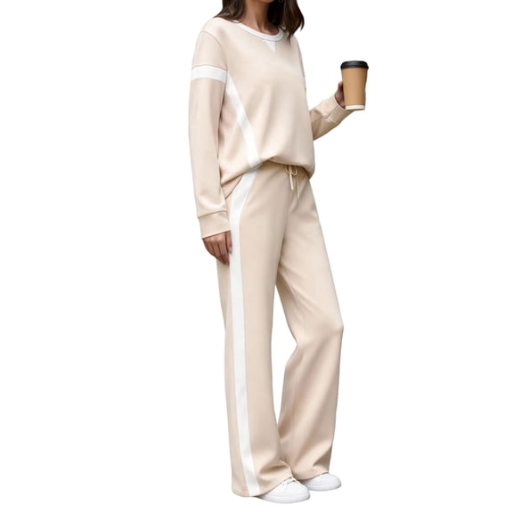 Women 2 Piece Lounge Set Tracksuit Color Block Pullover Wide Leg Pants Sweatsuit Matching Cream White S