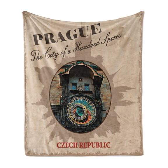 Prague Soft Flannel Fleece Throw Blanket, City of 100 Spires Slogan with Landmark Retro Style Composition, Cozy Plush for Indoor and Outdoor Use, 50" x 70", Beige Dark Sand Brown, by Ambesonne