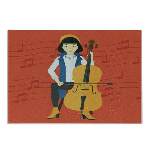Cello Cutting Board, Cartoon of Woman Playing String Instrument on Music Notes, Decorative Tempered Glass Cutting and Serving Board, in 3 Sizes, by Ambesonne