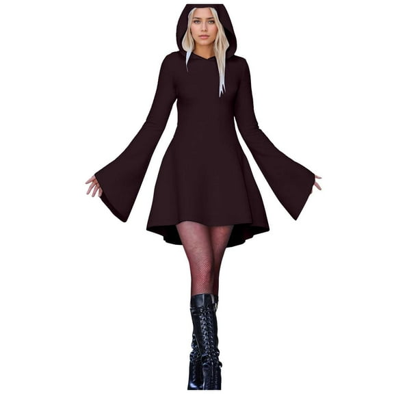 FEIFLY Women's Halloween Skeleton Print Hooded Dress O-Neck Long Sleeved Long Dresses Holiday Clothing